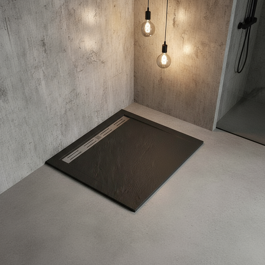 30mm Duschwanne Schwarz Rechteck | Stein-Effekt Kunststein Duschtasse für Duschkabine