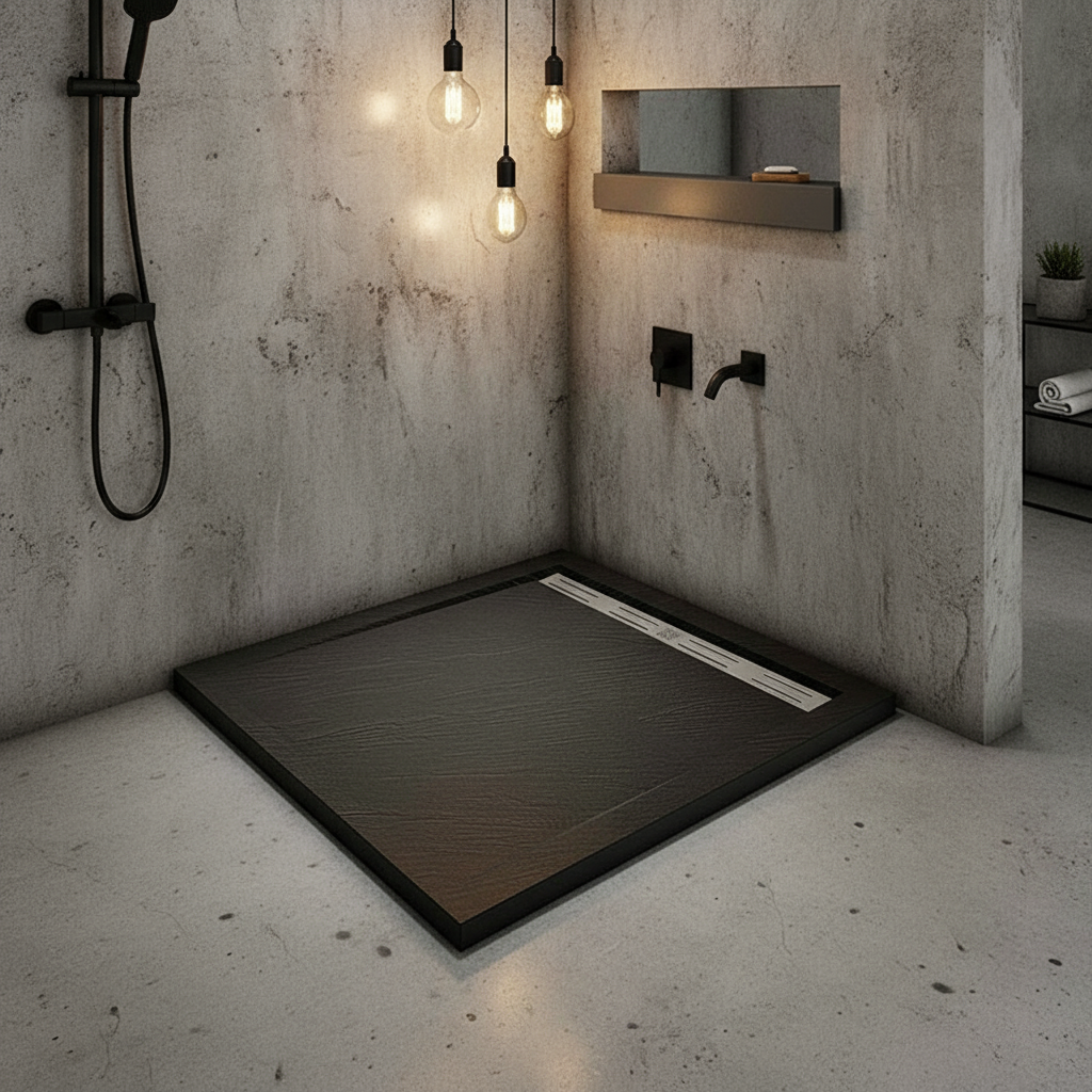 30mm Duschwanne Schwarz Rechteck | Stein-Effekt Kunststein Duschtasse für Duschkabine