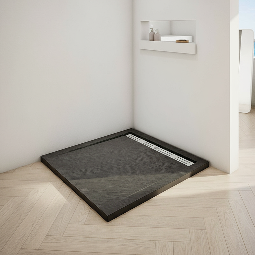 30mm Duschwanne Schwarz Rechteck | Stein-Effekt Kunststein Duschtasse für Duschkabine