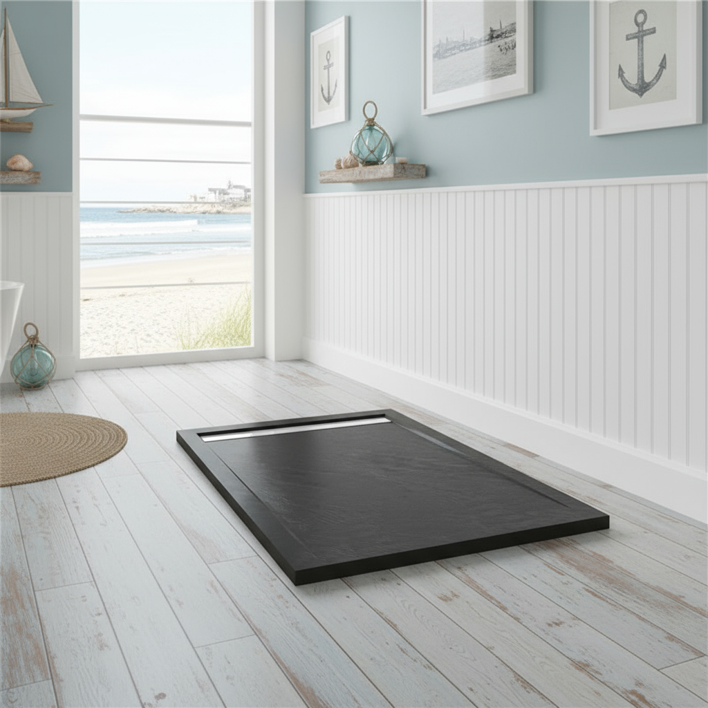 90x90cm Rechteck Duschwanne Schwarz | Stein-Effekt Duschtasse mit Ablaufgarnitur – 30mm flach 117