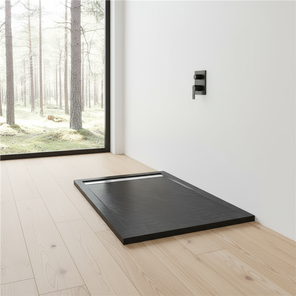 90x90cm Rechteck Duschwanne Schwarz | Stein-Effekt Duschtasse mit Ablaufgarnitur – 30mm flach 117