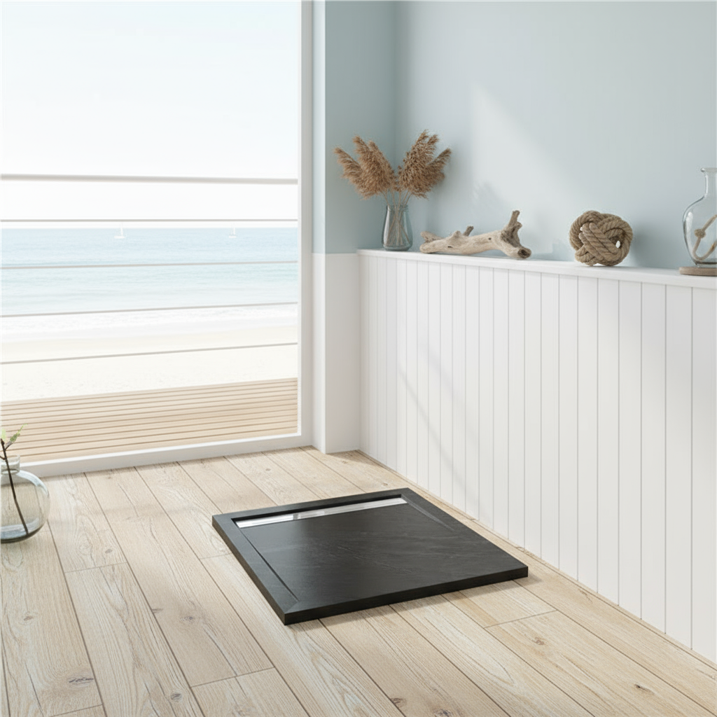 90x90cm Rechteck Duschwanne Schwarz | Stein-Effekt Duschtasse mit Ablaufgarnitur – 30mm flach 117