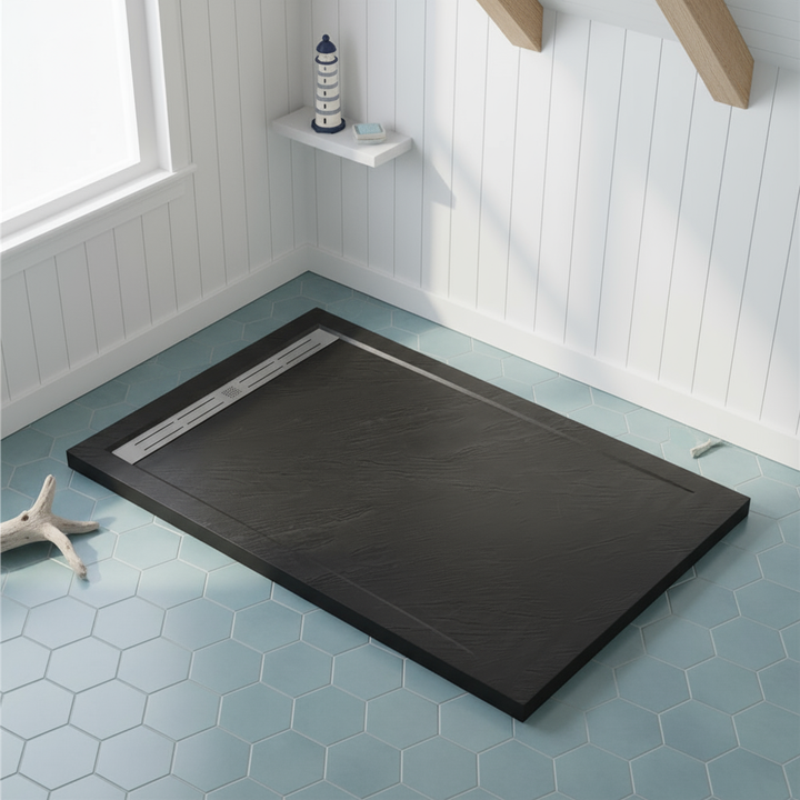 90x90cm Rechteck Duschwanne Schwarz | Stein-Effekt Duschtasse mit Ablaufgarnitur – 30mm flach 117