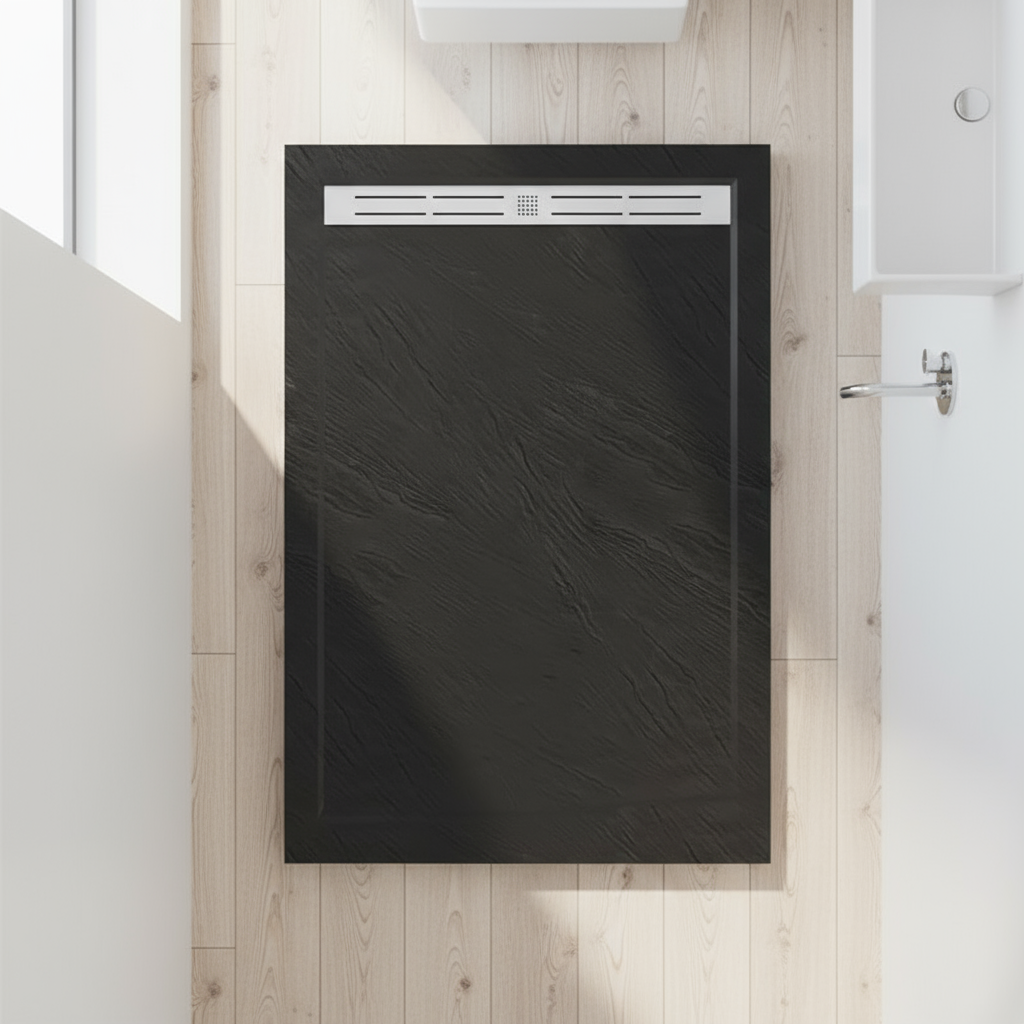 90x90cm Rechteck Duschwanne Schwarz | Stein-Effekt Duschtasse mit Ablaufgarnitur – 30mm flach 117