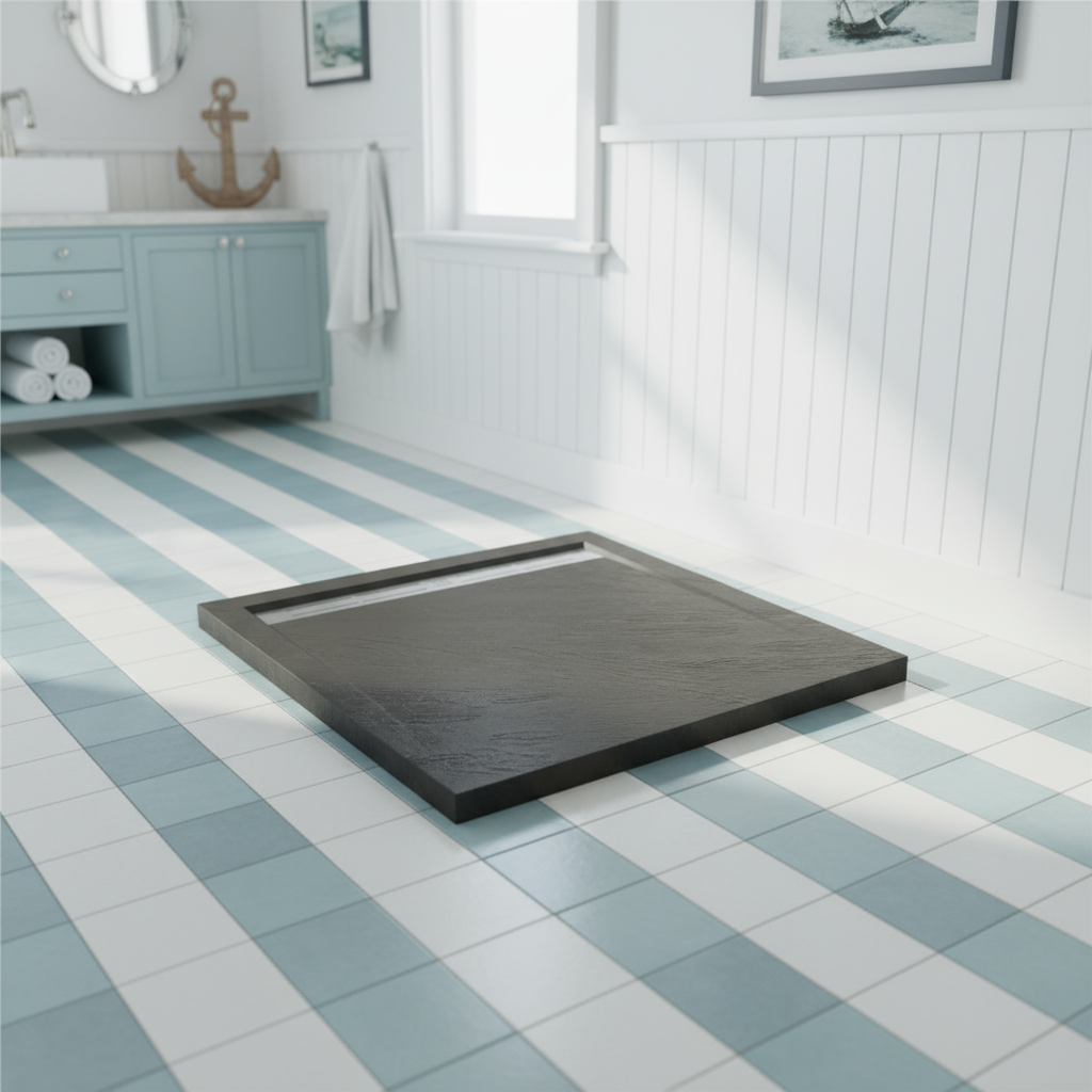 90x90cm Rechteck Duschwanne Schwarz | Stein-Effekt Duschtasse mit Ablaufgarnitur – 30mm flach 117