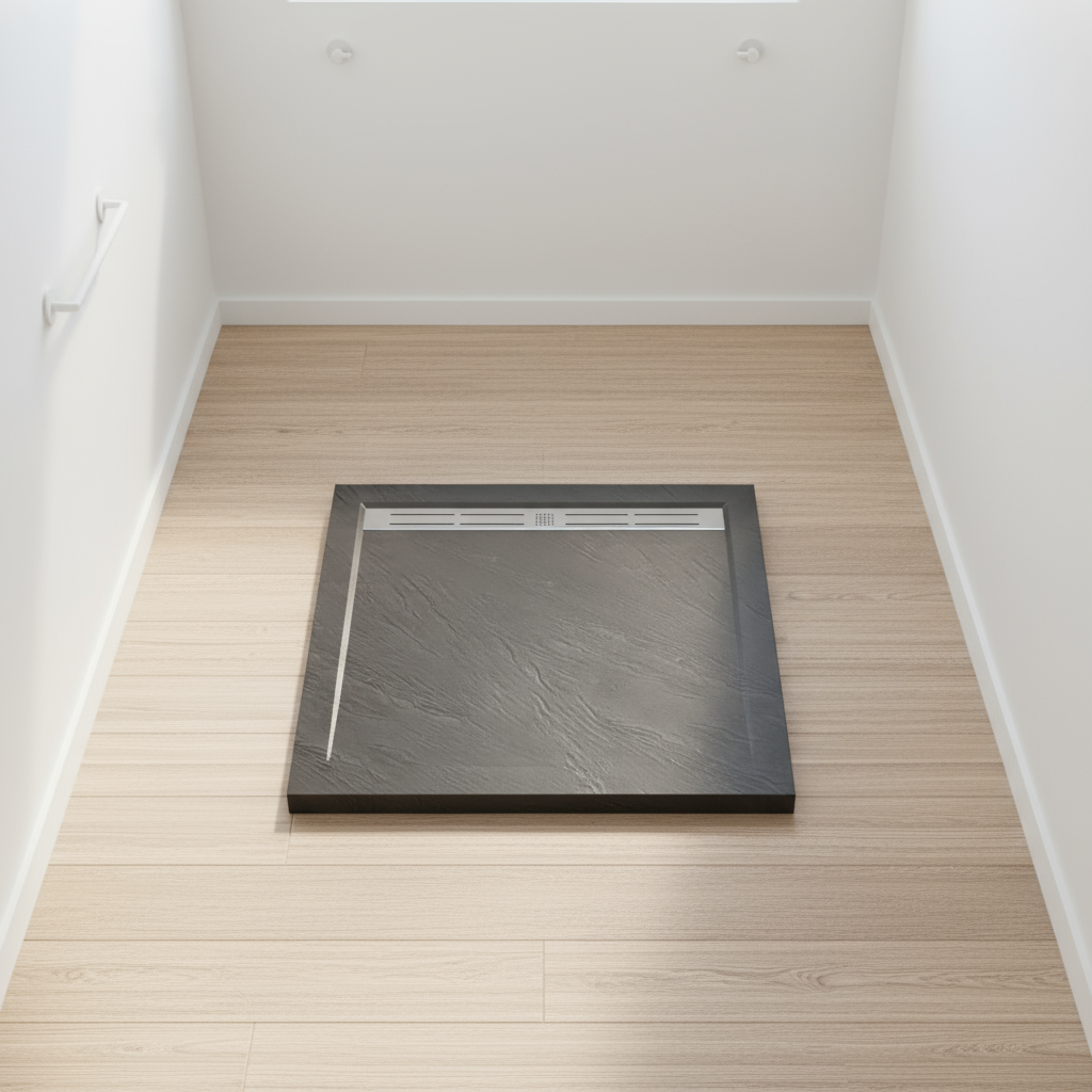 90x90cm Rechteck Duschwanne Schwarz | Stein-Effekt Duschtasse mit Ablaufgarnitur – 30mm flach 117