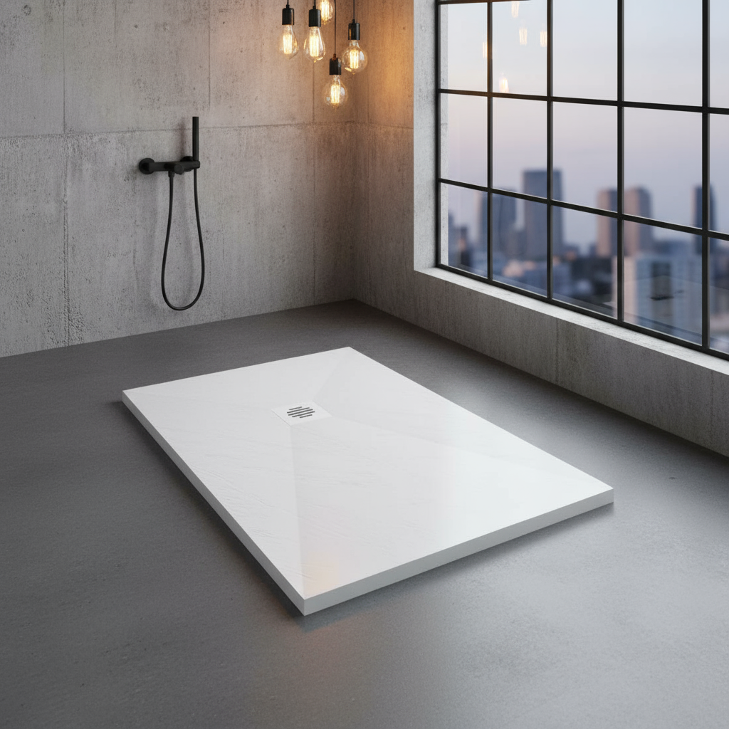Rechteck Duschwanne 30mm | Schiefer-/Stein-Effekt Duschtasse mit Ablaufgarnitur – Weiß & Schwarz
