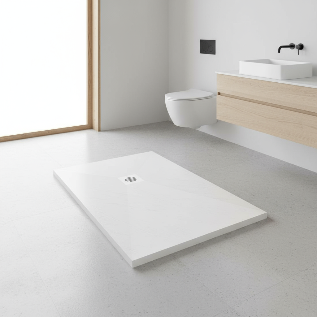 Rechteck Duschwanne 30mm | Schiefer-/Stein-Effekt Duschtasse mit Ablaufgarnitur – Weiß & Schwarz