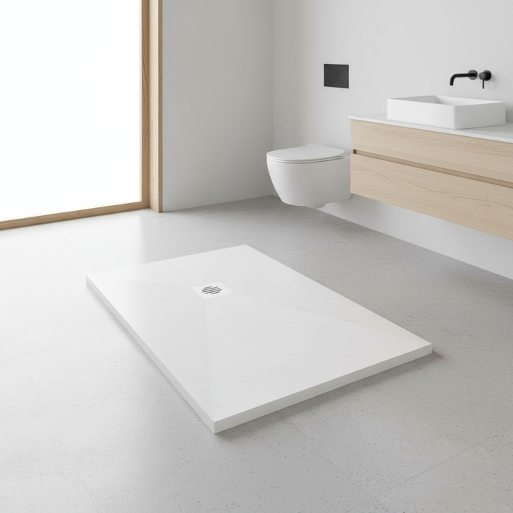 Rechteck Duschwanne 30mm | Schiefer-/Stein-Effekt Duschtasse mit Ablaufgarnitur – Weiß & Schwarz