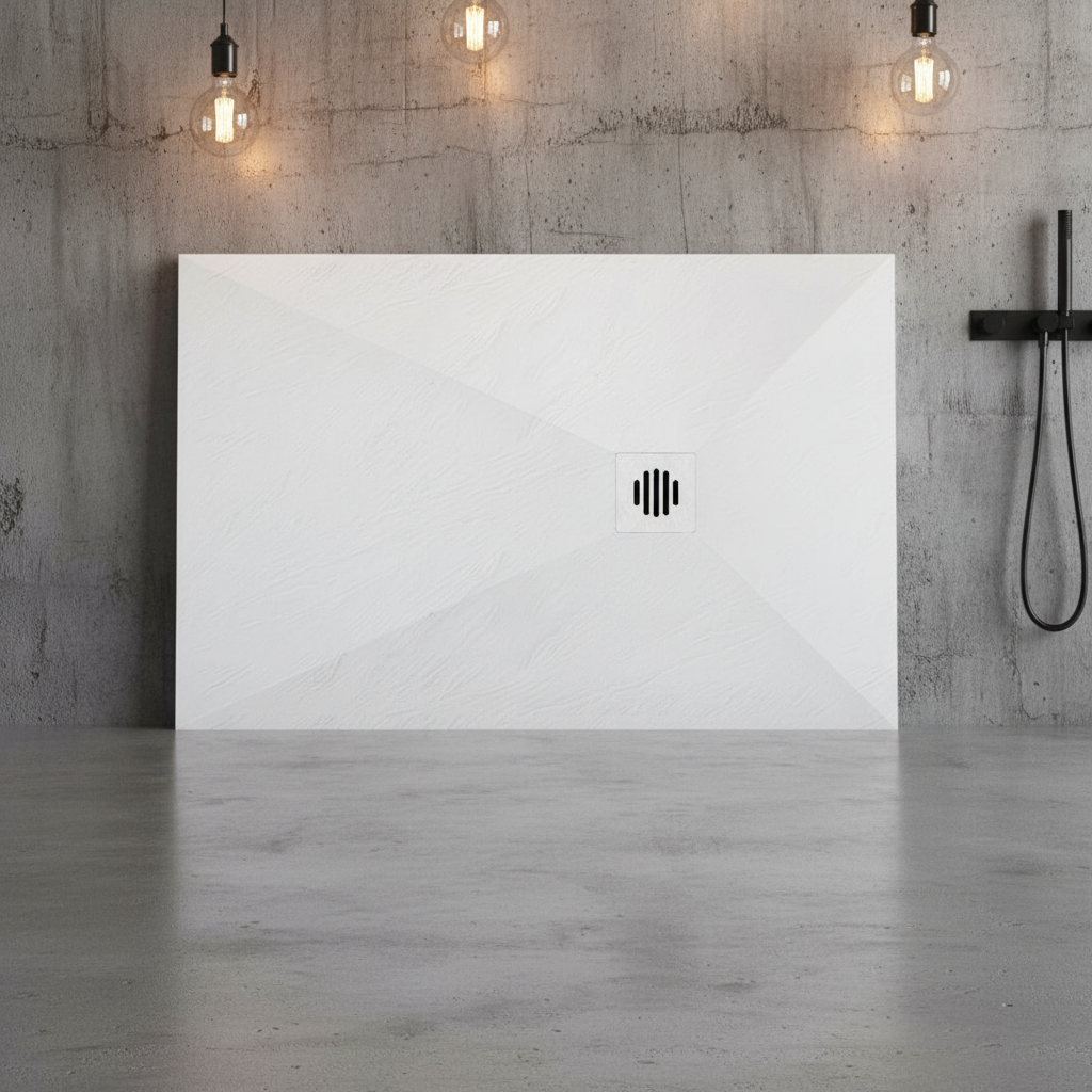 Rechteck Duschwanne 30mm | Schiefer-/Stein-Effekt Duschtasse mit Ablaufgarnitur – Weiß & Schwarz