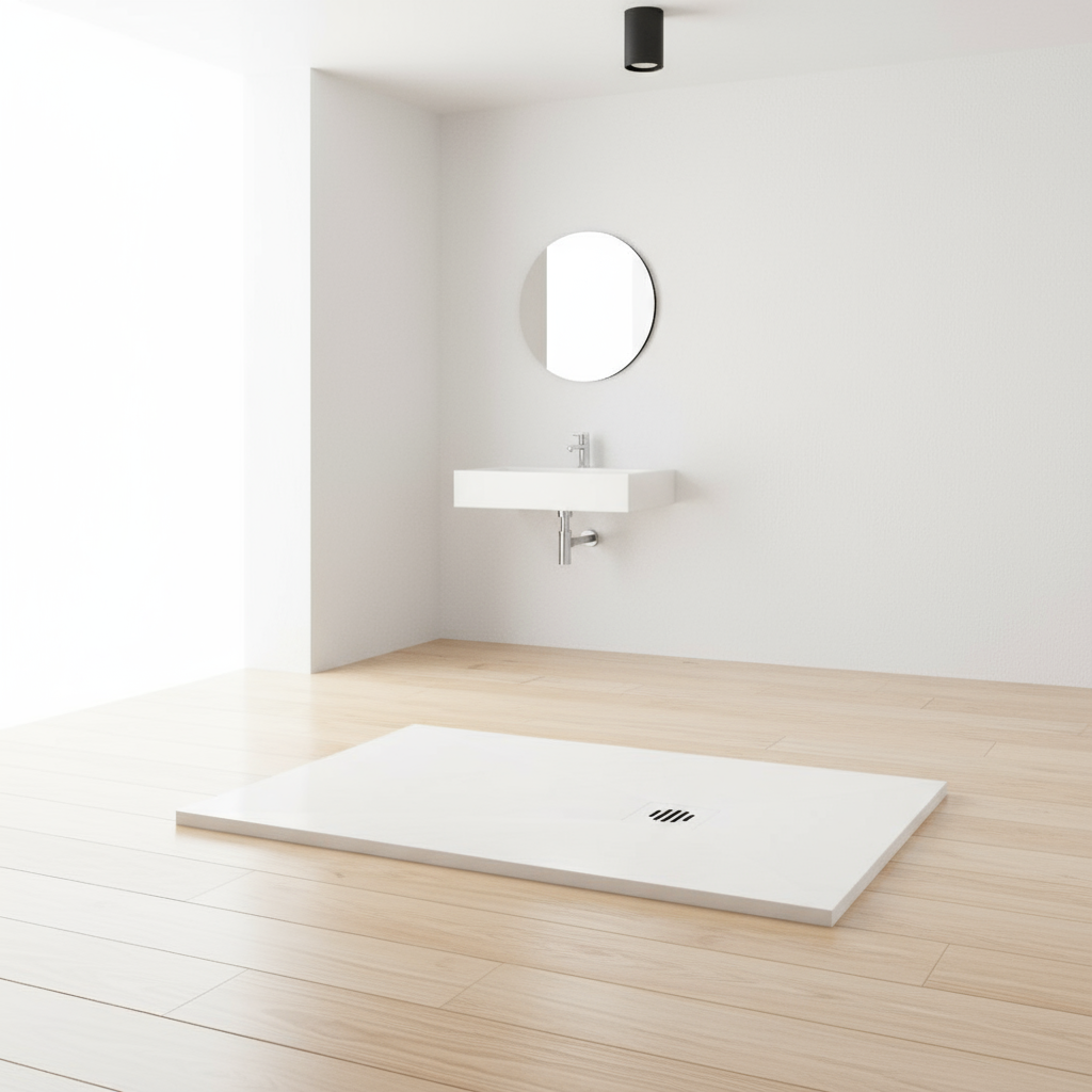 Rechteck Duschwanne 30mm | Schiefer-/Stein-Effekt Duschtasse mit Ablaufgarnitur – Weiß & Schwarz