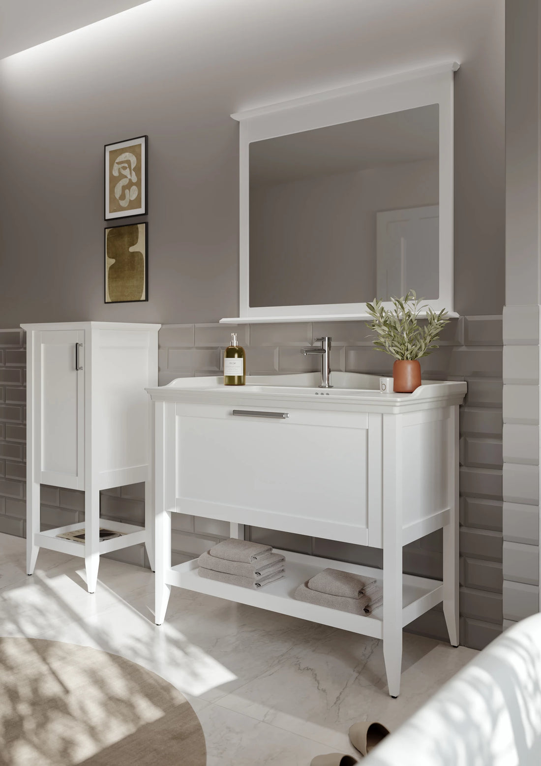 Bastle Badmöbel Set – Hängender Waschtischunterschrank mit Keramik Waschbecken (65–100 cm)