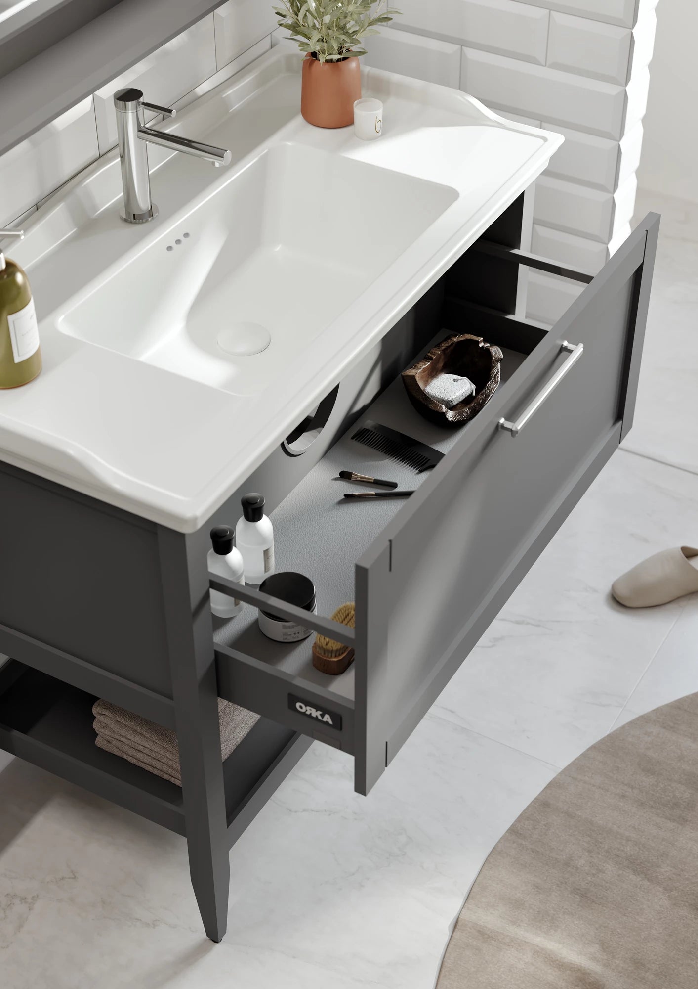 Bastle Badmöbel Set – Hängender Waschtischunterschrank mit Keramik Waschbecken (65–100 cm)
