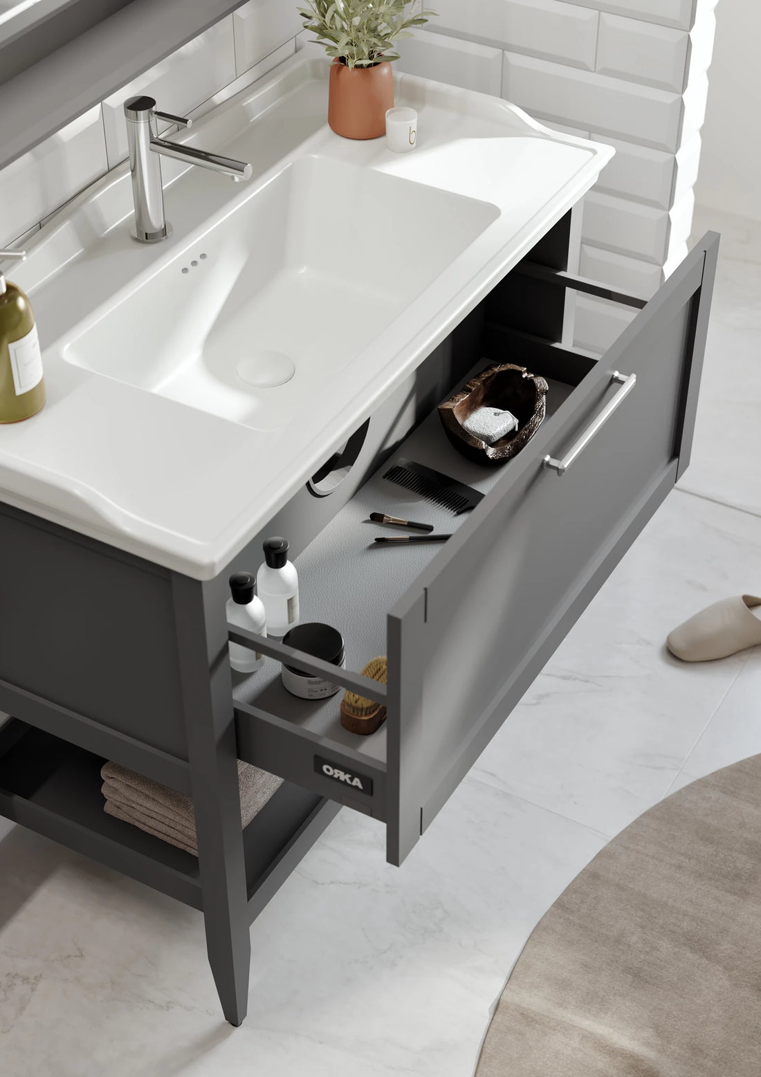 Bastle Badmöbel Set – Hängender Waschtischunterschrank mit Keramik Waschbecken (65–100 cm)