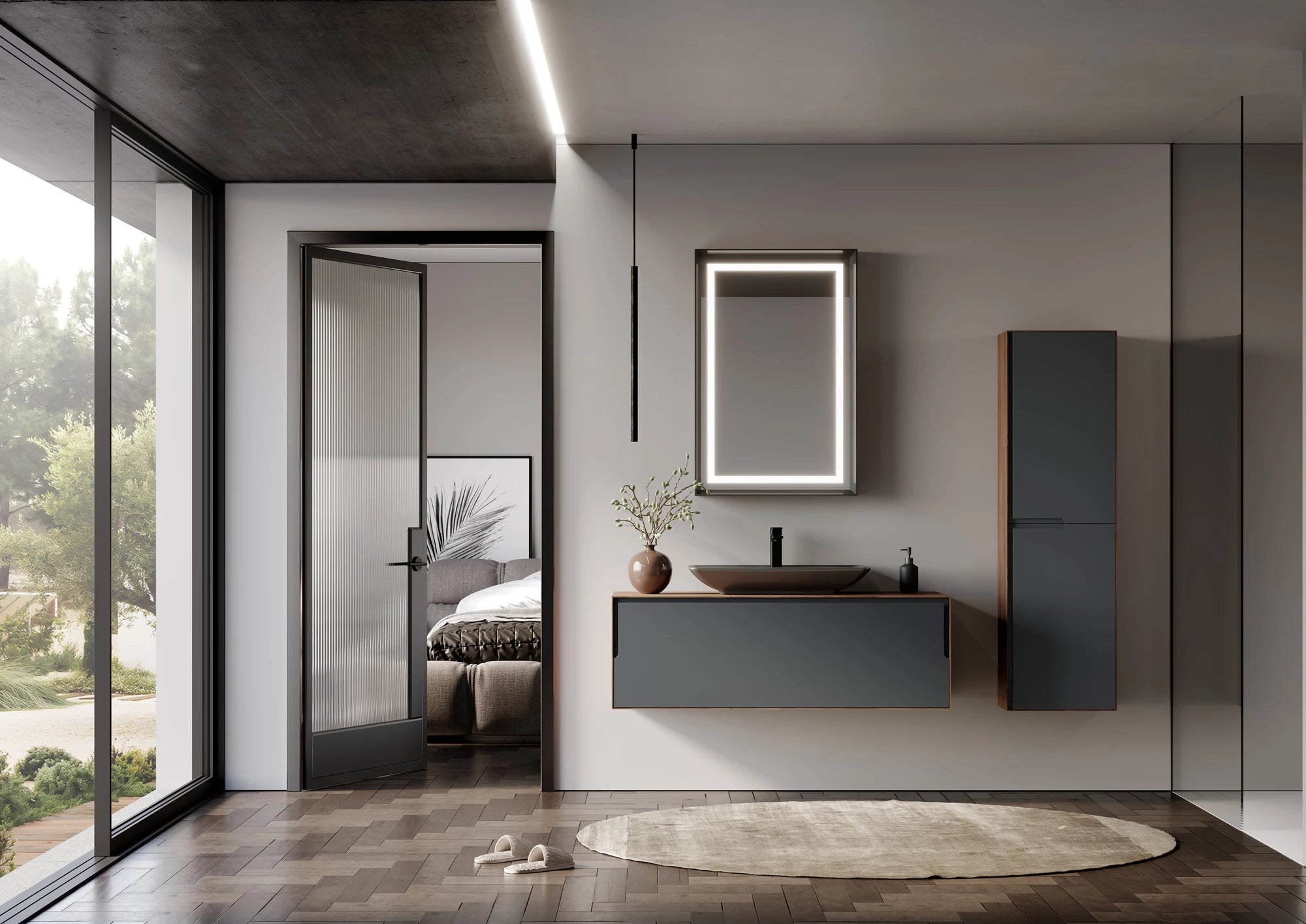 Craft Badmöbel Set mit LED Spiegel & Keramik Waschbecken – 80/100/120 cm & 40 cm Hochschrank