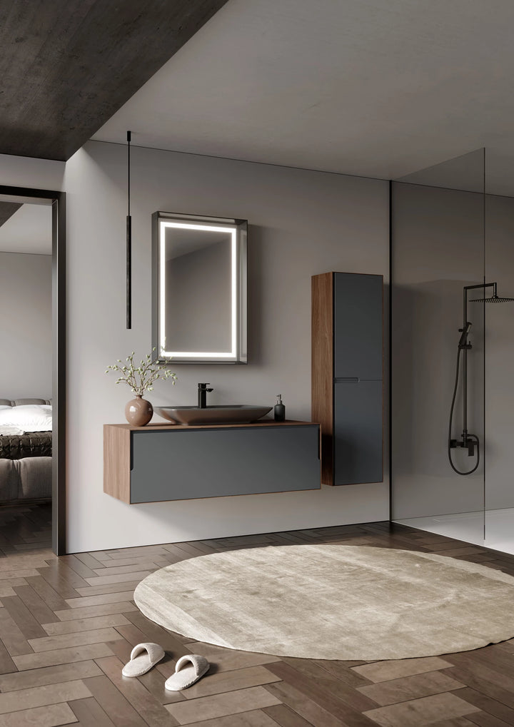 Craft Badmöbel Set mit LED Spiegel & Keramik Waschbecken – 80/100/120 cm & 40 cm Hochschrank