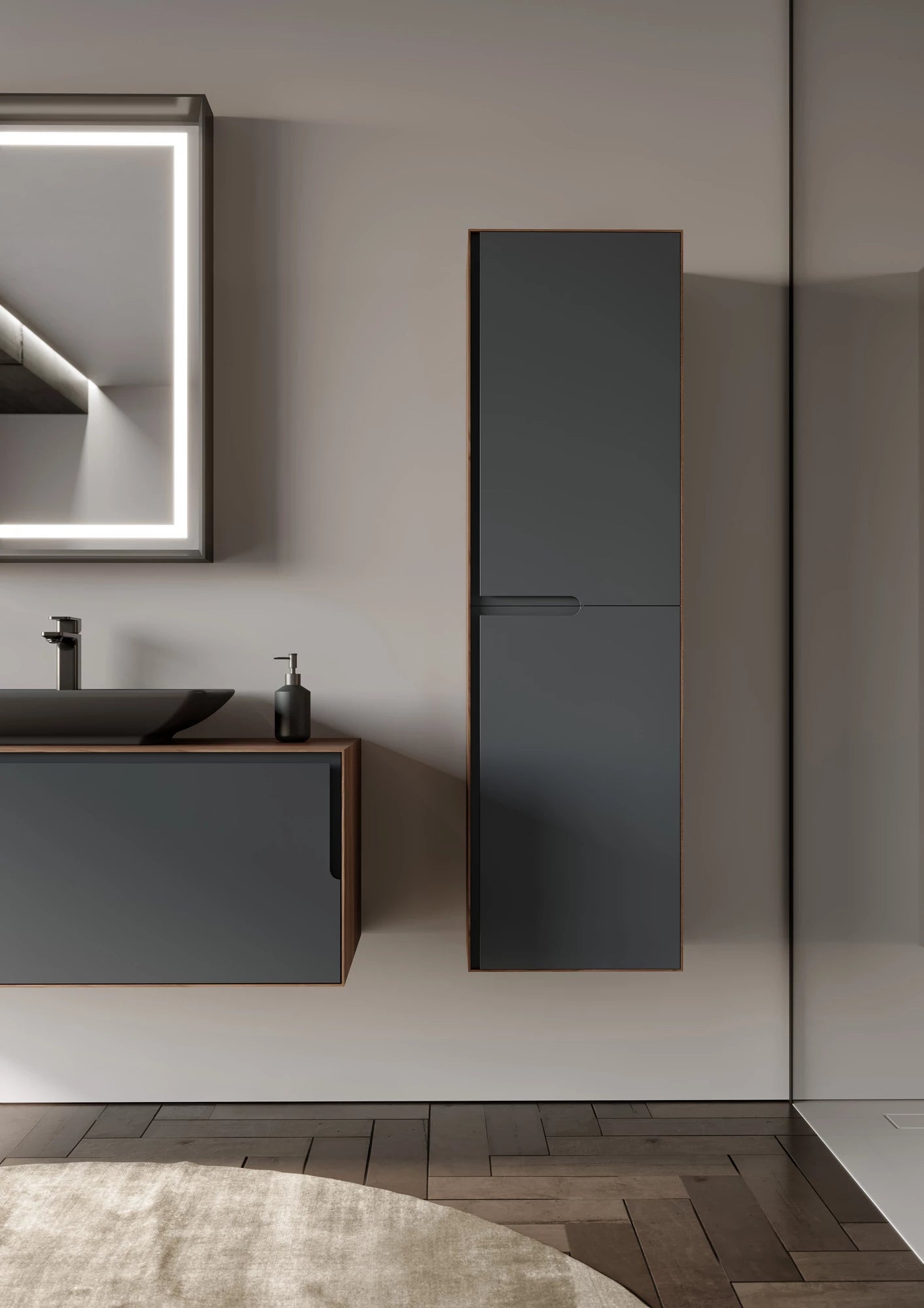 Craft Badmöbel Set mit LED Spiegel & Keramik Waschbecken – 80/100/120 cm & 40 cm Hochschrank