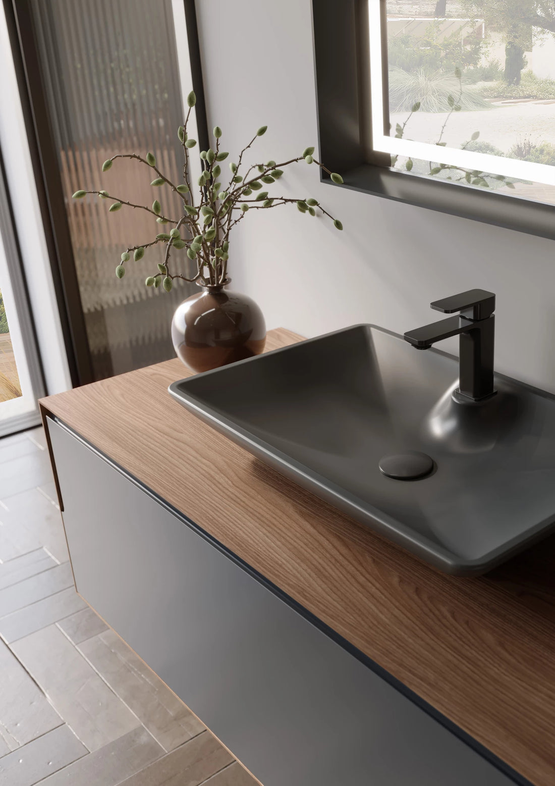 Craft Badmöbel Set mit LED Spiegel & Keramik Waschbecken – 80/100/120 cm & 40 cm Hochschrank