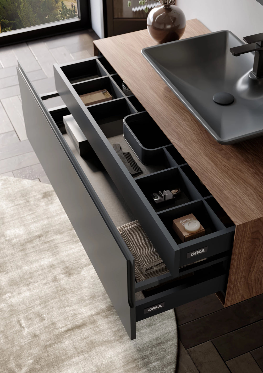 Craft Badmöbel Set mit LED Spiegel & Keramik Waschbecken – 80/100/120 cm & 40 cm Hochschrank