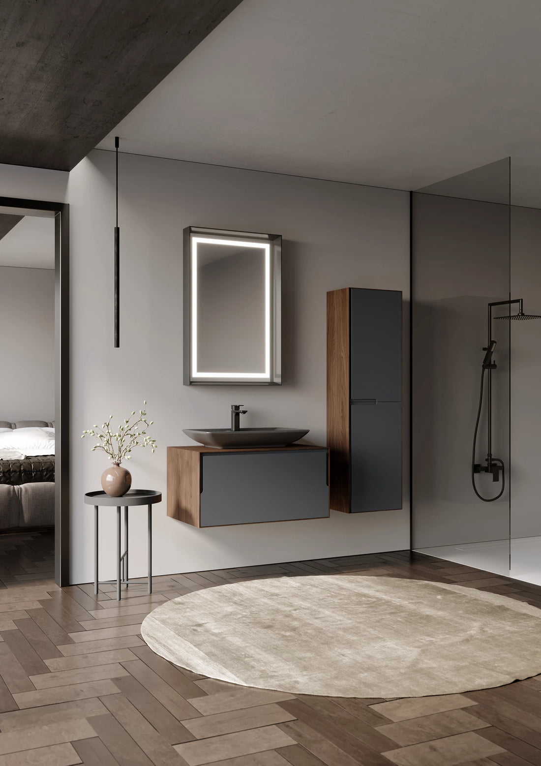 Craft Badmöbel Set mit LED Spiegel & Keramik Waschbecken – 80/100/120 cm & 40 cm Hochschrank