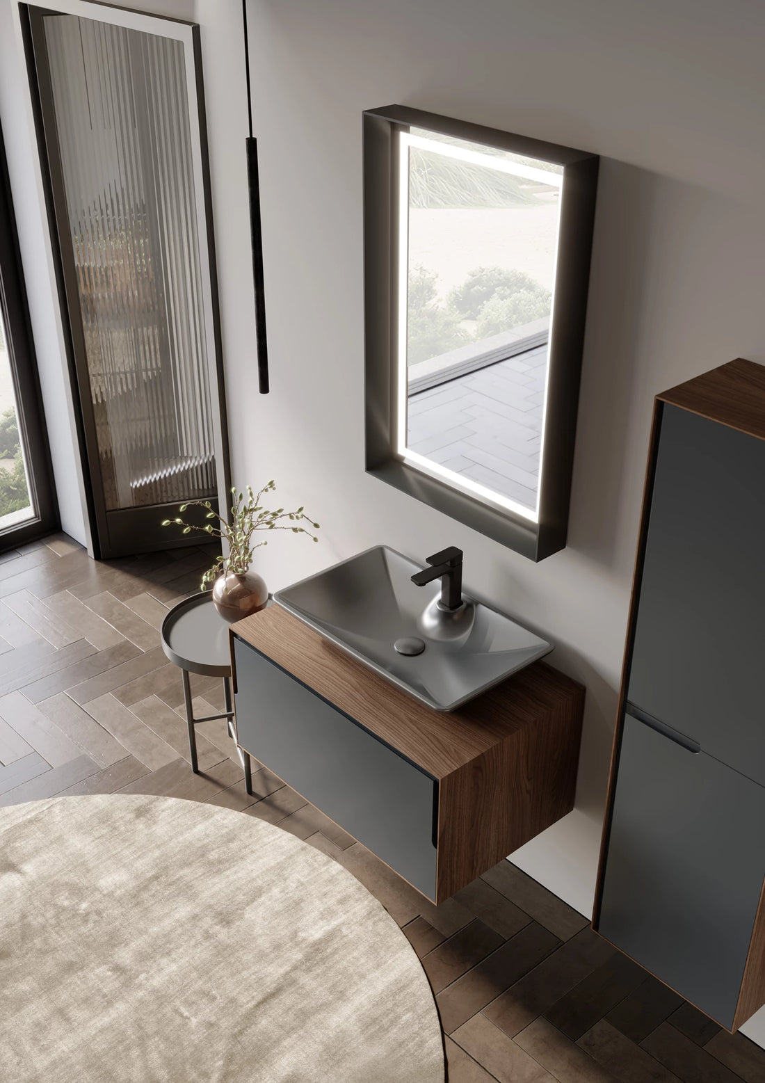 Craft Badmöbel Set mit LED Spiegel & Keramik Waschbecken – 80/100/120 cm & 40 cm Hochschrank