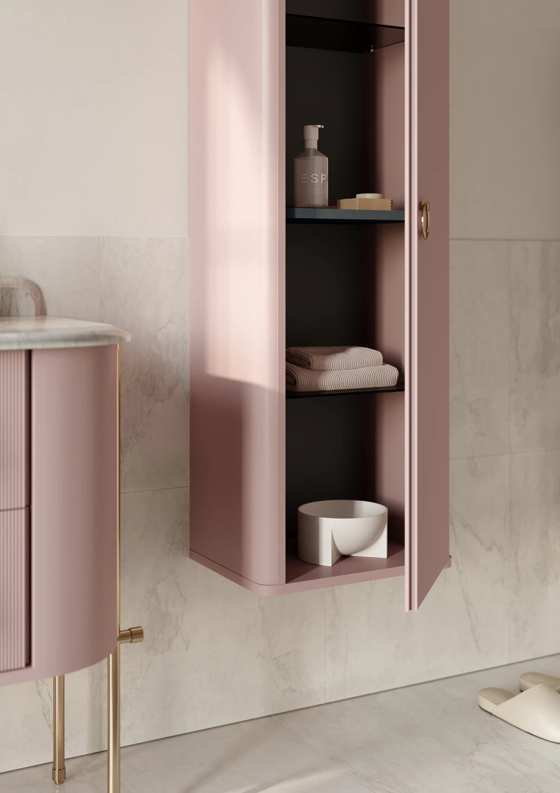 Felice Badmöbel Set mit Holzfüßen – Marmorplatte & Keramik-Waschtisch | 100–140 cm