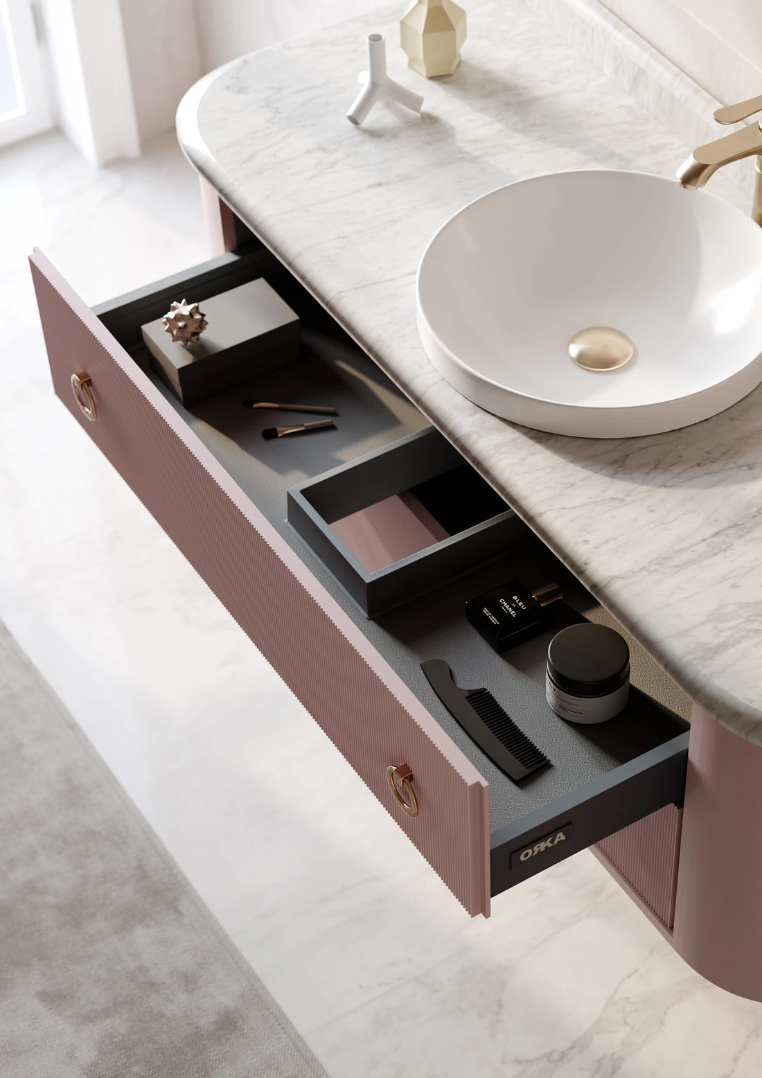 Felice Badmöbel Set mit Metallfüßen – Premium Marmorplatte & Keramik-Waschtisch | 100–147 cm