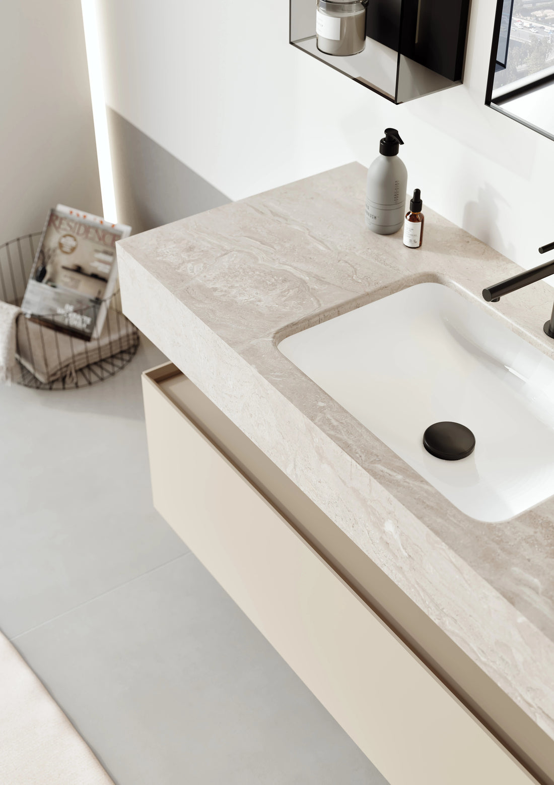 Levanto Badmöbel Kollektion – Marmorplatte, Hilton Keramikbecken & LED-Spiegel | 100–120 cm