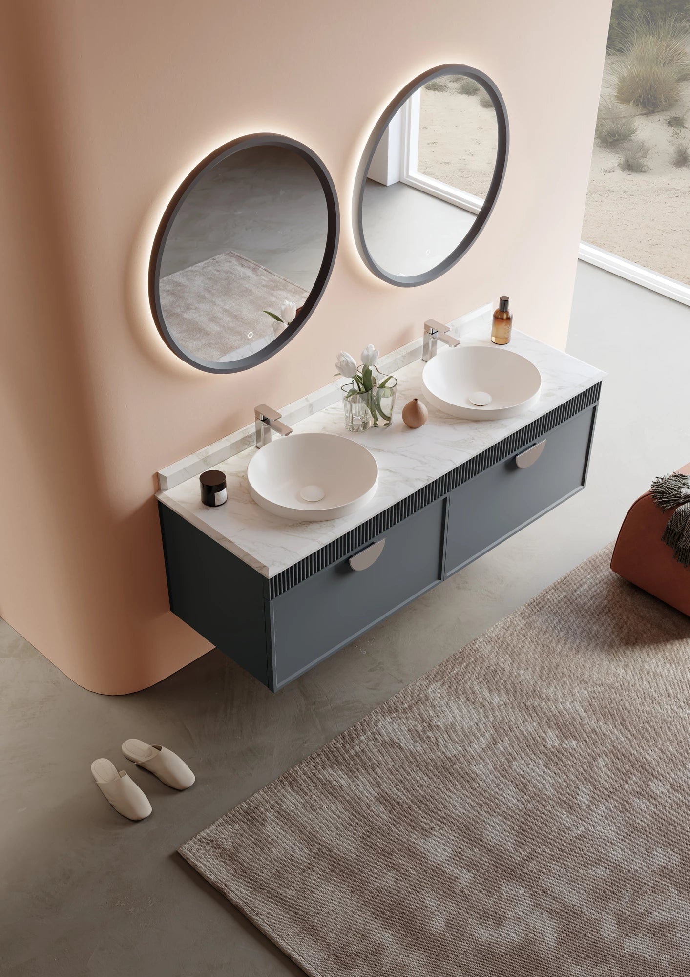 Molino Badmöbel Set – Marmorplatte, Keramik-Waschtisch & LED-Spiegel | 80–160 cm