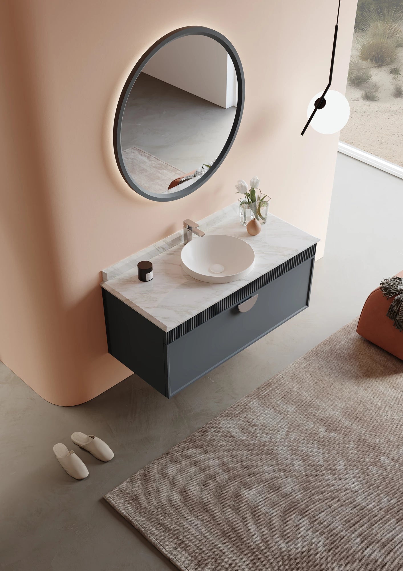 Molino Badmöbel Set – Marmorplatte, Keramik-Waschtisch & LED-Spiegel | 80–160 cm