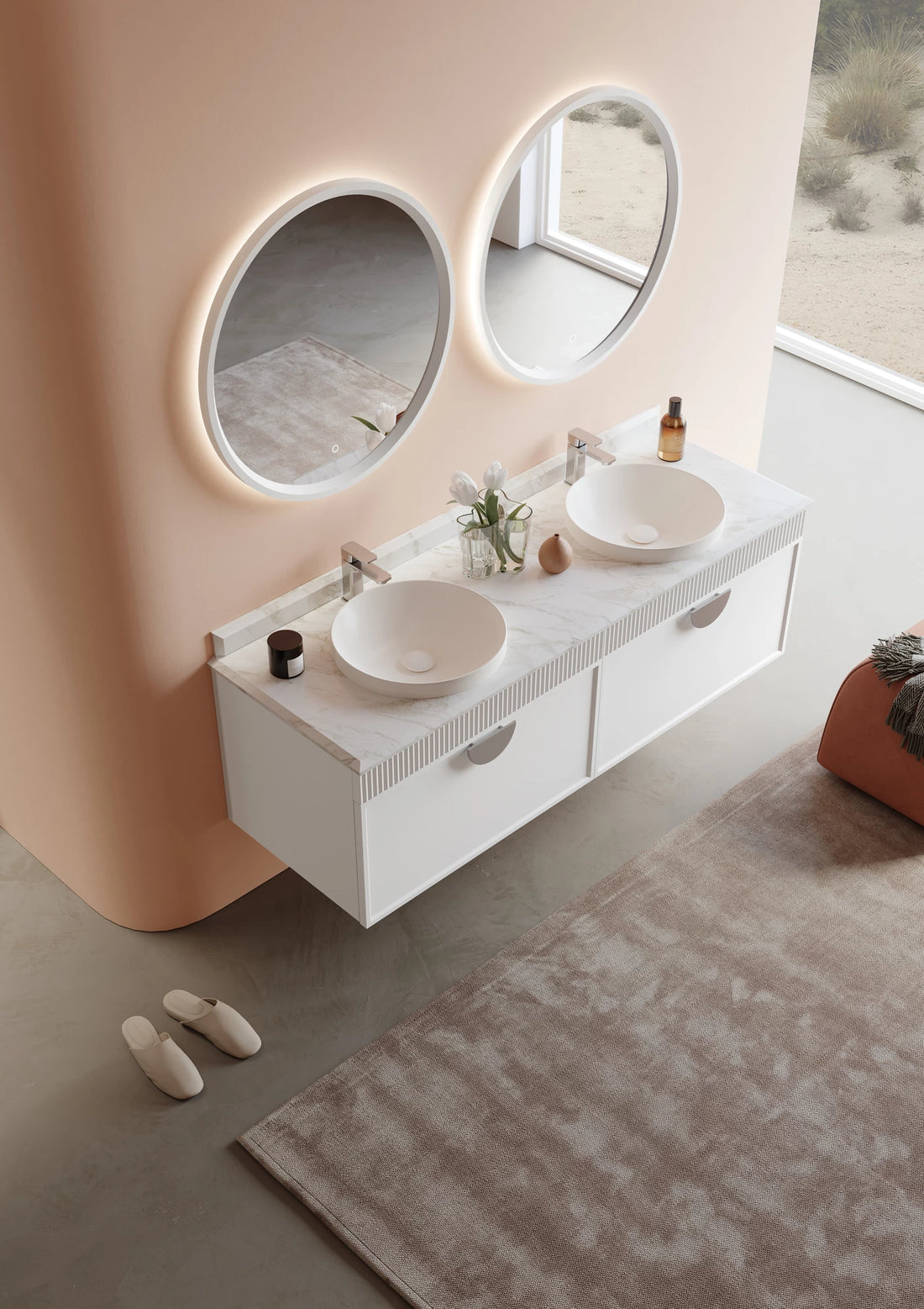 Molino Badmöbel Set – Marmorplatte, Keramik-Waschtisch & LED-Spiegel | 80–160 cm
