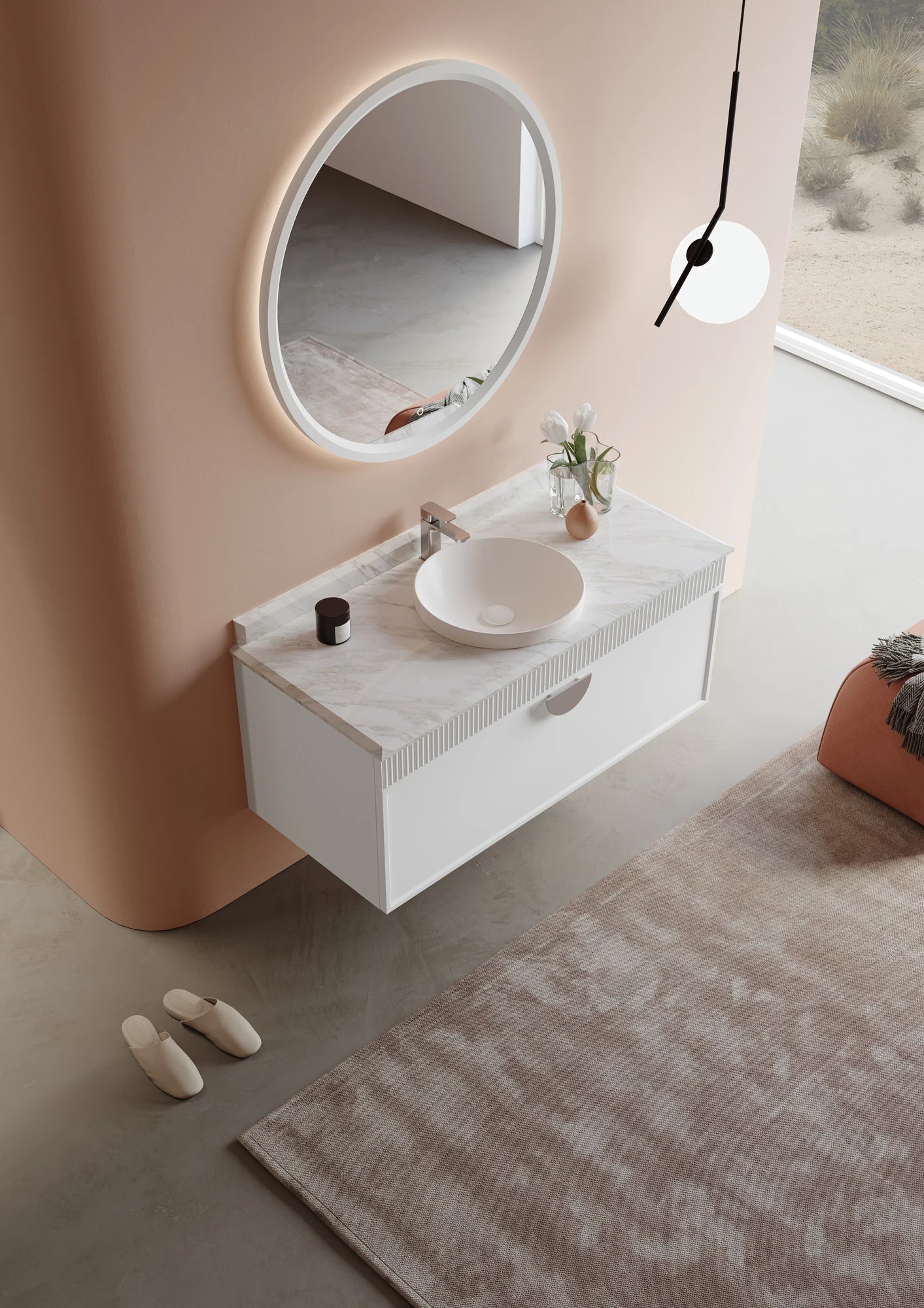 Molino Badmöbel Set – Marmorplatte, Keramik-Waschtisch & LED-Spiegel | 80–160 cm