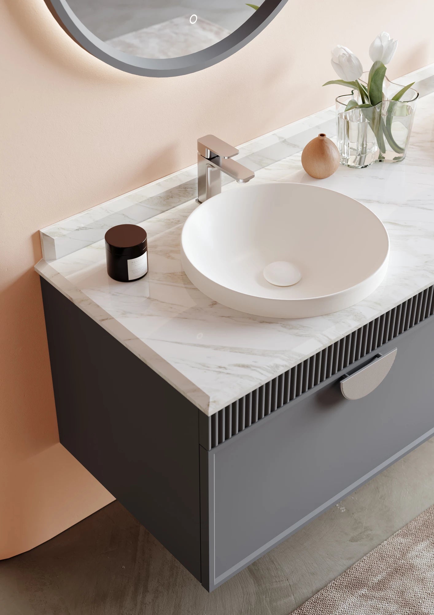 Molino Badmöbel Set – Marmorplatte, Keramik-Waschtisch & LED-Spiegel | 80–160 cm