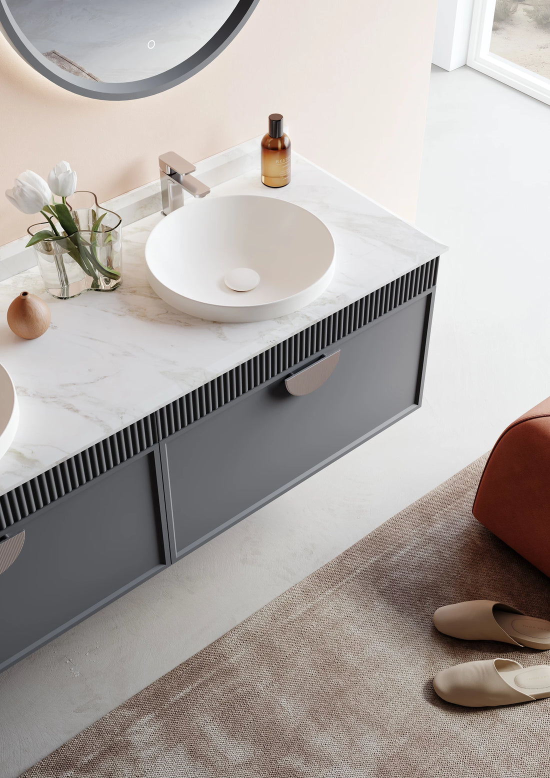 Molino Badmöbel Set – Marmorplatte, Keramik-Waschtisch & LED-Spiegel | 80–160 cm