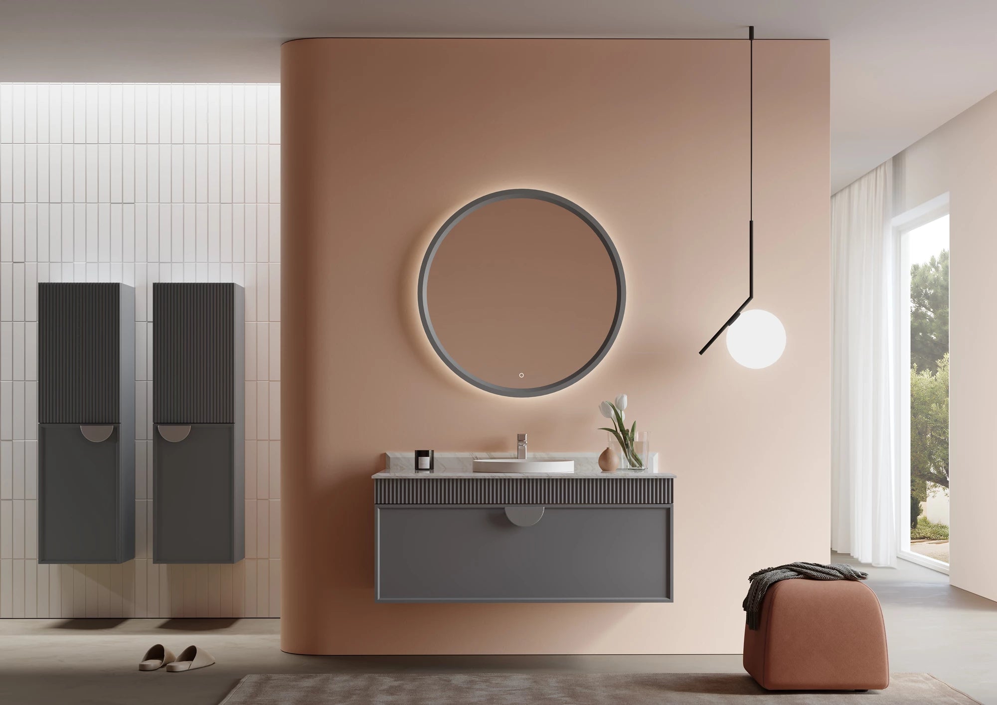 Molino Badmöbel Set – Marmorplatte, Keramik-Waschtisch & LED-Spiegel | 80–160 cm