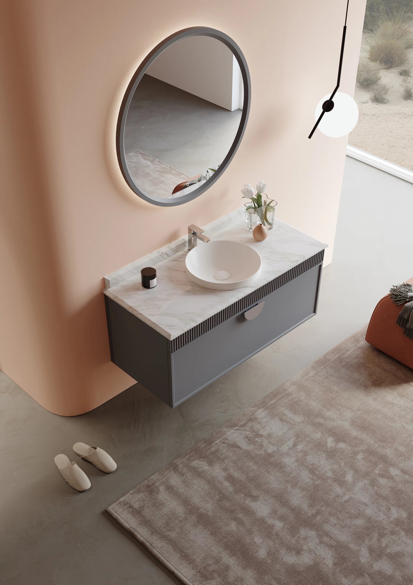 Molino Badmöbel Set – Marmorplatte, Keramik-Waschtisch & LED-Spiegel | 80–160 cm