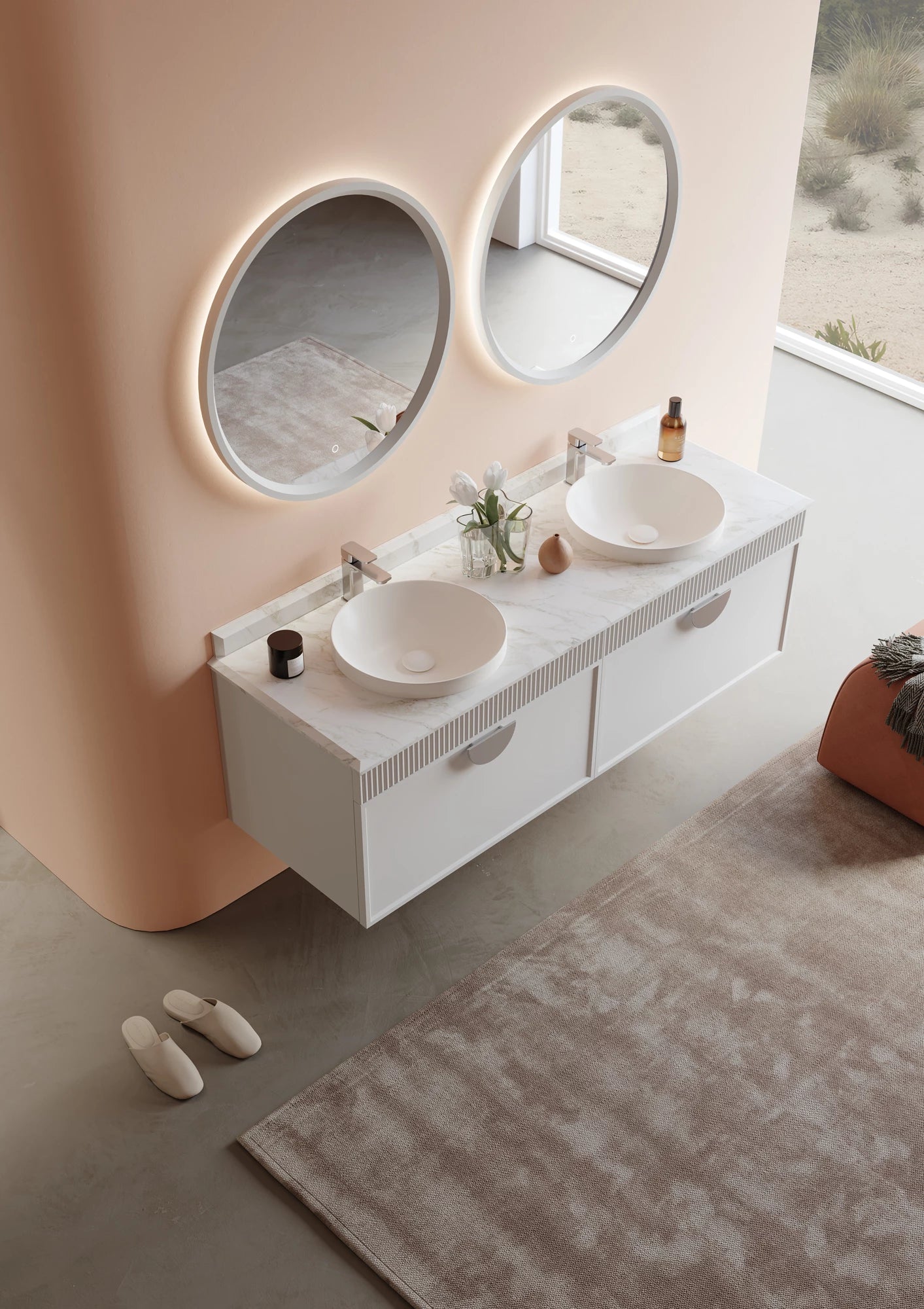 Molino Badmöbel Set – Marmorplatte, Keramik-Waschtisch & LED-Spiegel | 80–160 cm