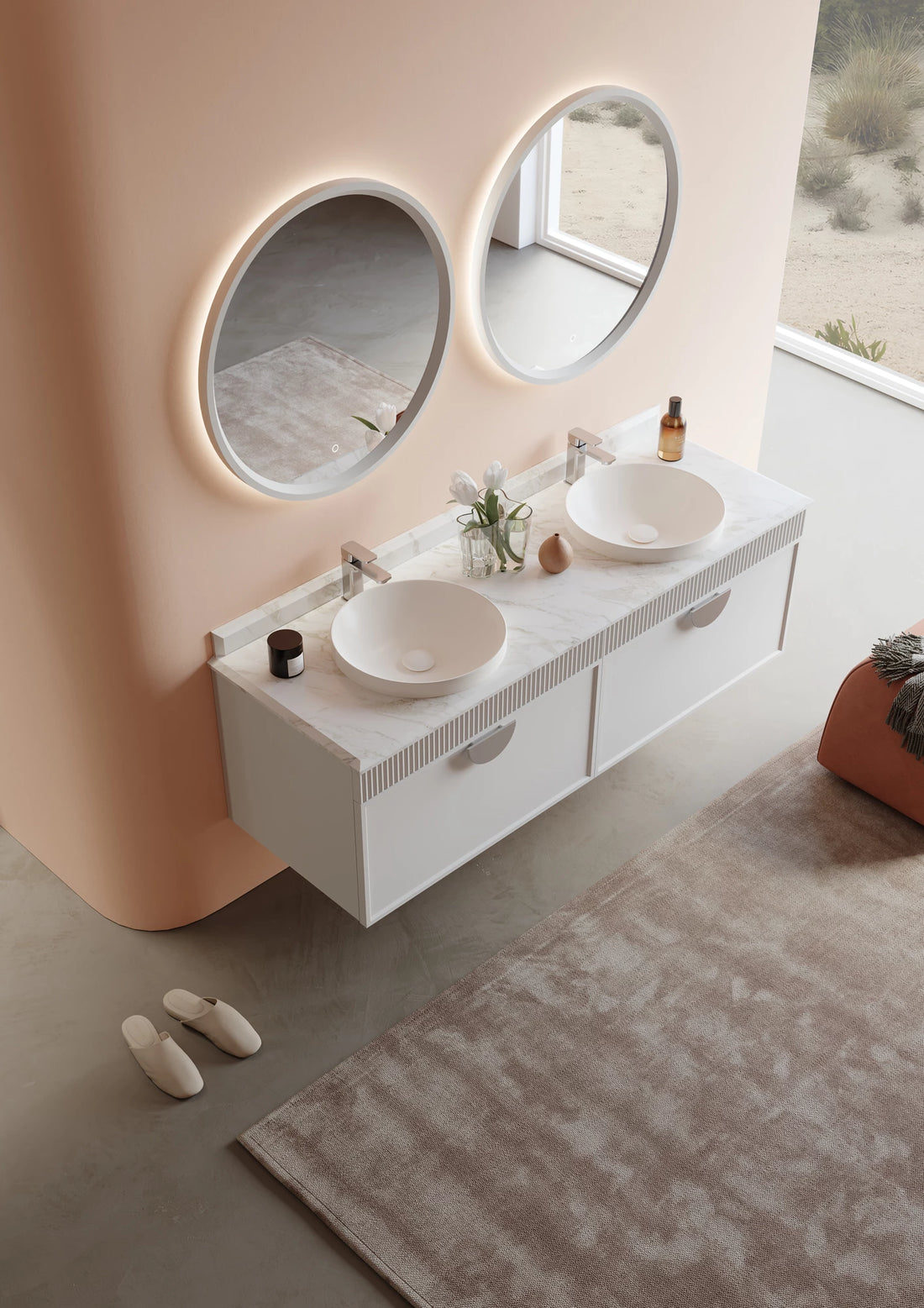 Molino Badmöbel Set – Marmorplatte, Keramik-Waschtisch & LED-Spiegel | 80–160 cm