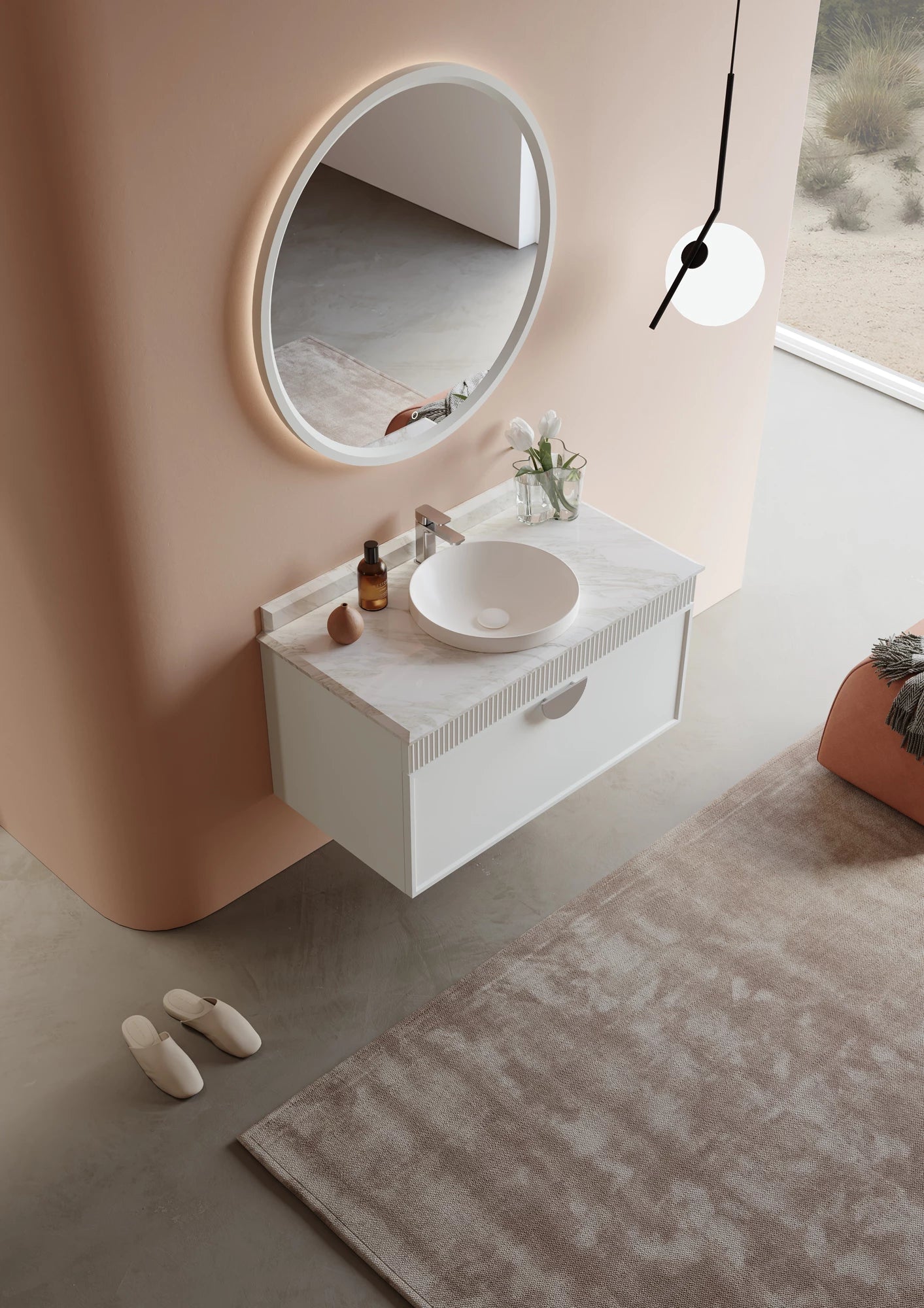 Molino Badmöbel Set – Marmorplatte, Keramik-Waschtisch & LED-Spiegel | 80–160 cm