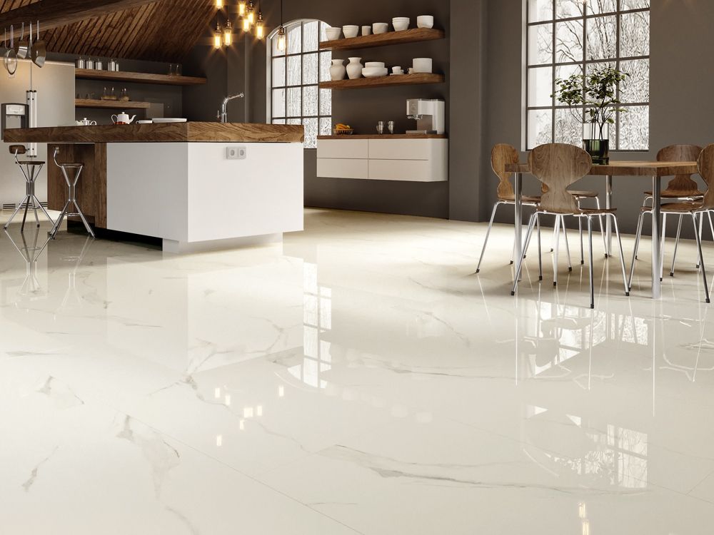 Calacatta White Marmoroptik Fliese 60x120 cm Glänzend – Rektifiziertes Feinsteinzeug