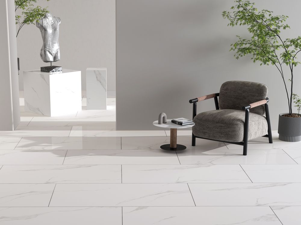 Calacatta White Marmoroptik Fliese 60x120 cm Glänzend – Rektifiziertes Feinsteinzeug